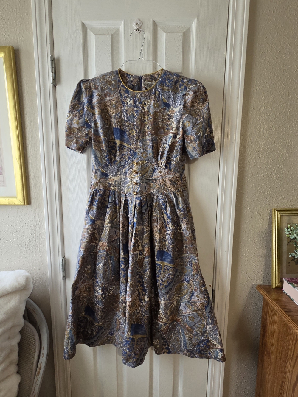 Jessica Howard Mitchell Rodbell 6P Petite Blue Paisley Puff Sleeve Midi Dress